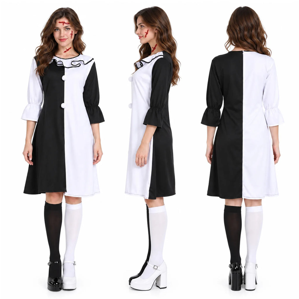 Front, side and back views show the Art the Clown-inspired split-color dress with ruffled sleeves and a knee-length silhouette.