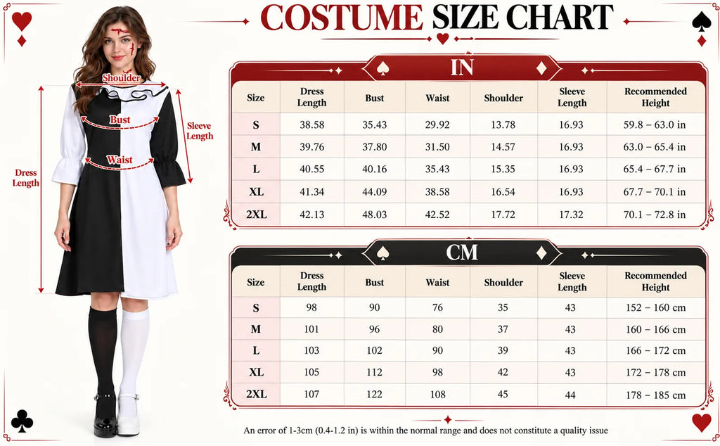 The S–2XL size chart lists dress length, bust, waist, shoulder, sleeve and recommended height.