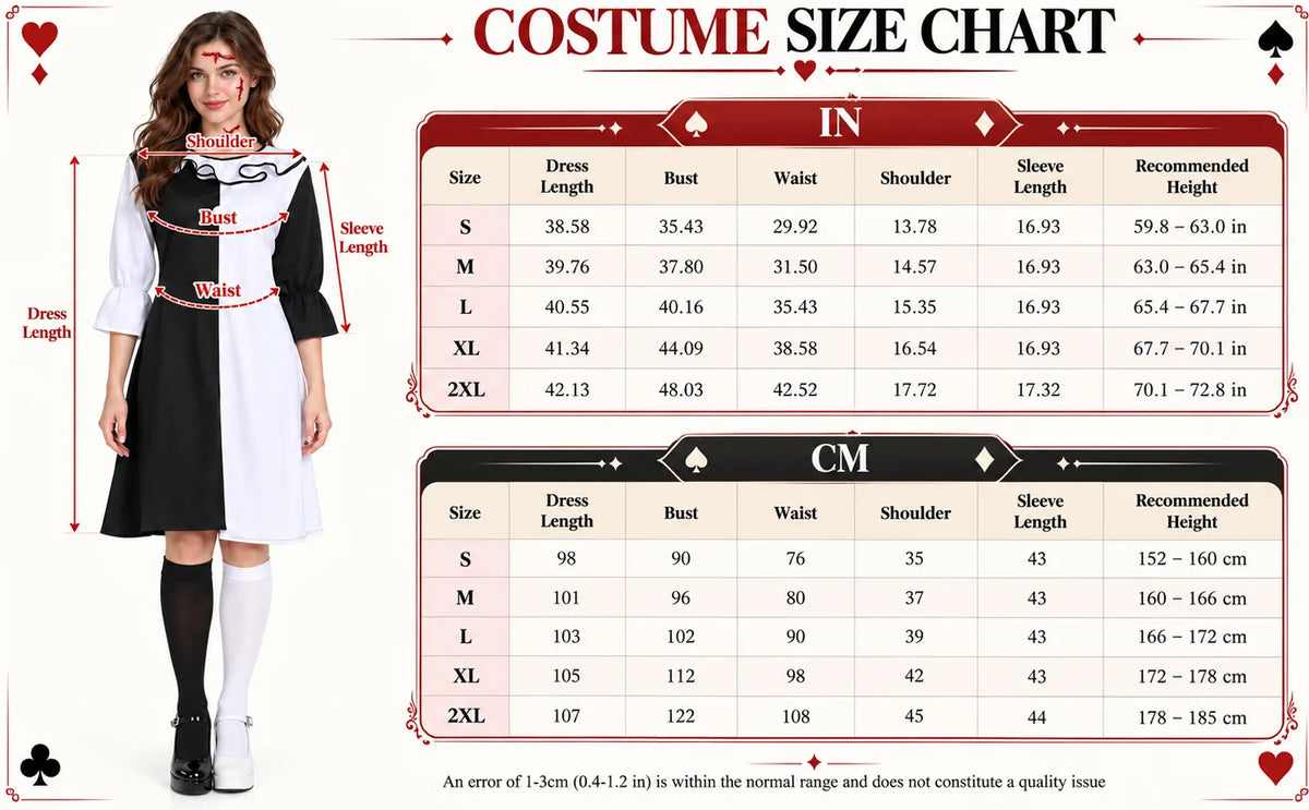 The S–2XL size chart lists dress length, bust, waist, shoulder, sleeve and recommended height.