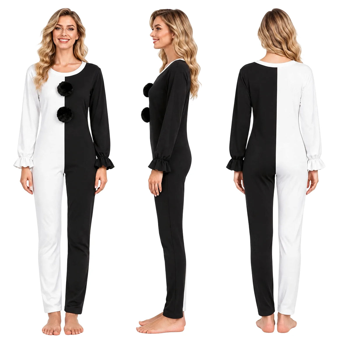 Front, side and back views show the Art the Clown-inspired split-color jumpsuit with long sleeves and full-length legs.
