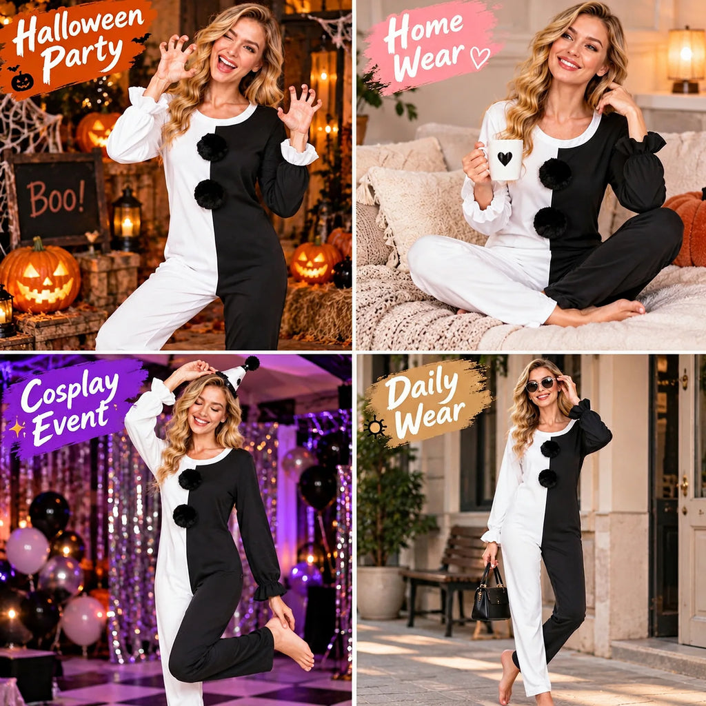 Four scenes show the Art the Clown-inspired black-and-white jumpsuit styled for Halloween, cosplay, home and everyday costume settings.