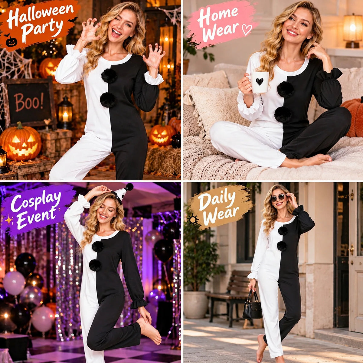 Four scenes show the Art the Clown-inspired black-and-white jumpsuit styled for Halloween, cosplay, home and everyday costume settings.