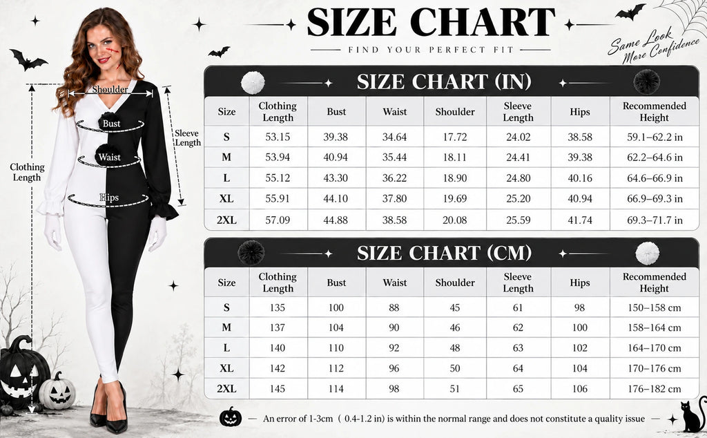 Size chart for the women's V-neck clown jumpsuit lists S through 2XL in centimeters and inches.