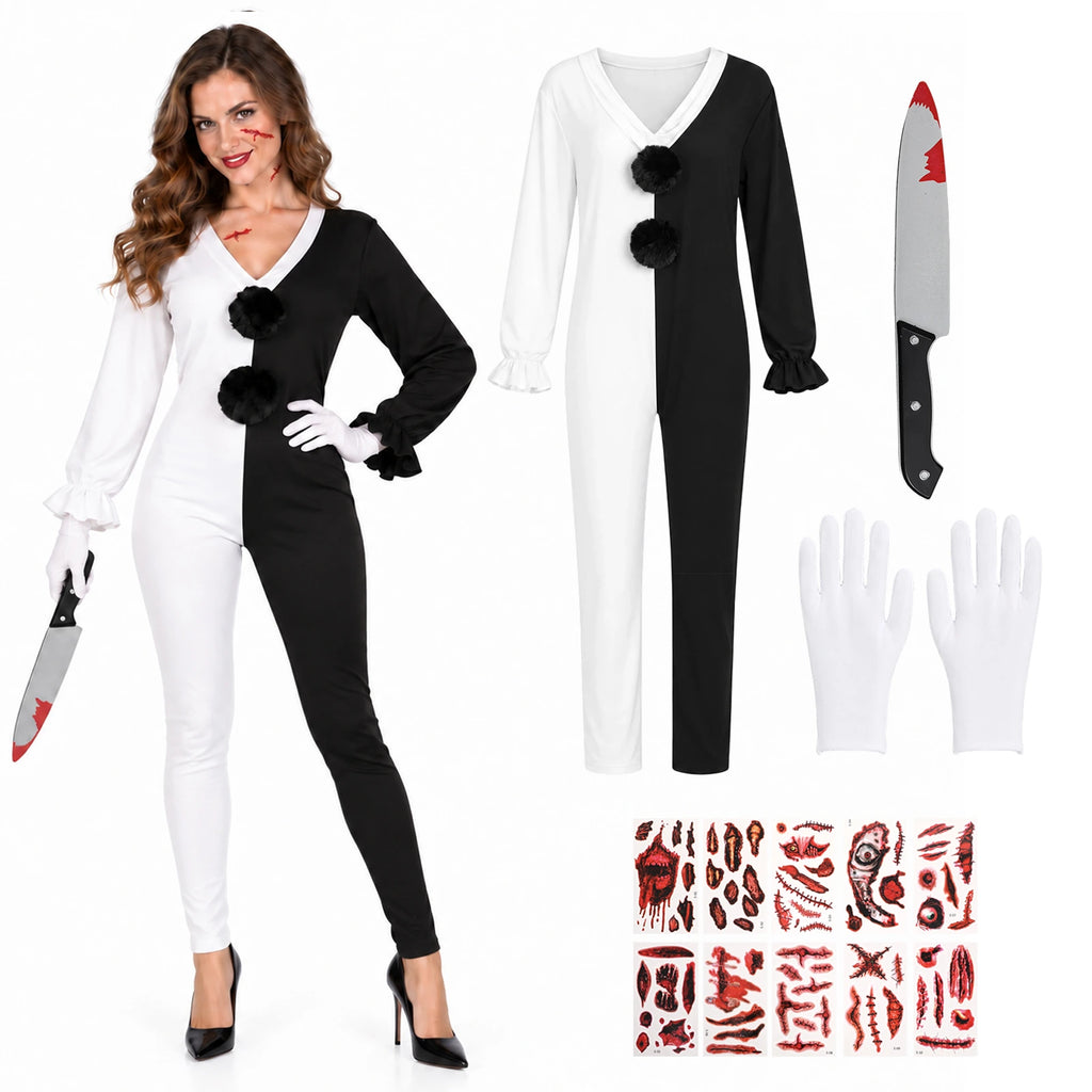 A woman wears a Terrifier-inspired black-and-white V-neck clown jumpsuit beside the included gloves, costume knife prop and scar stickers.
