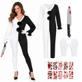 A woman wears a Terrifier-inspired black-and-white V-neck clown jumpsuit beside the included gloves, costume knife prop and scar stickers.