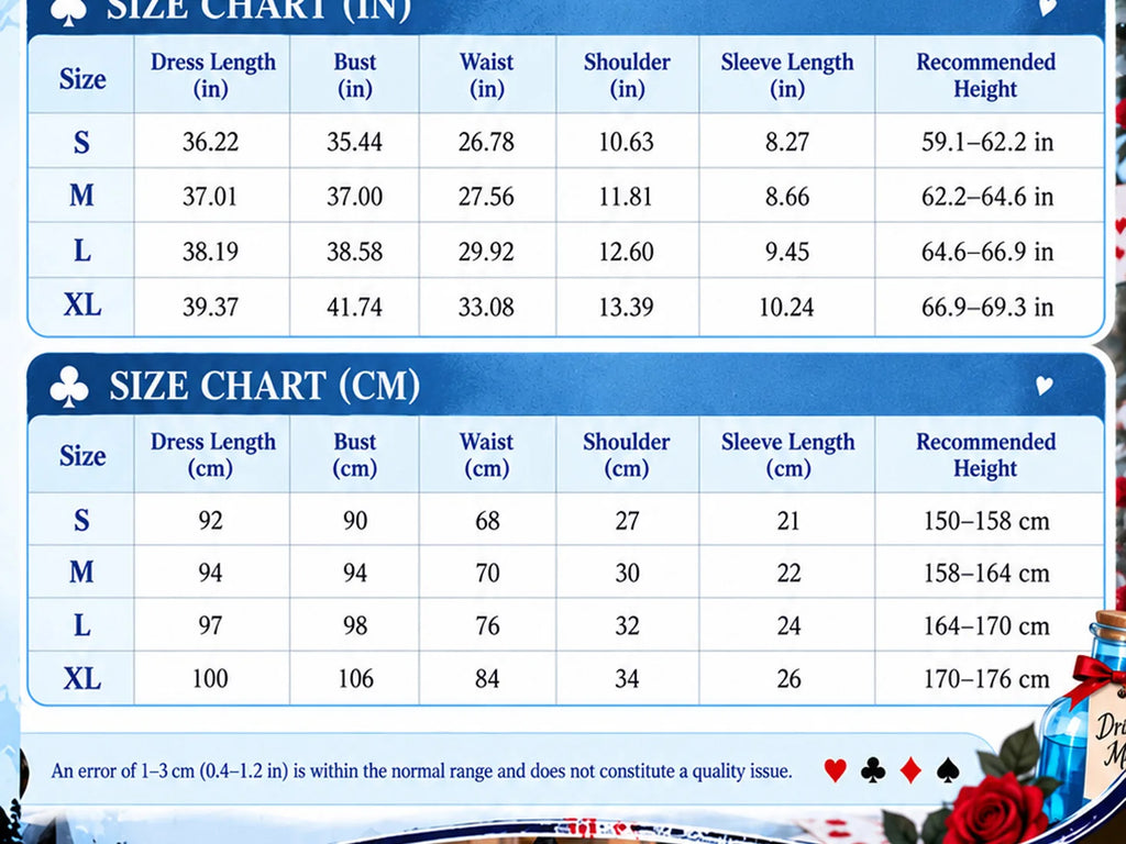 Women's costume size chart for S through XL with dress length, bust, waist, shoulder, sleeve length and recommended height.