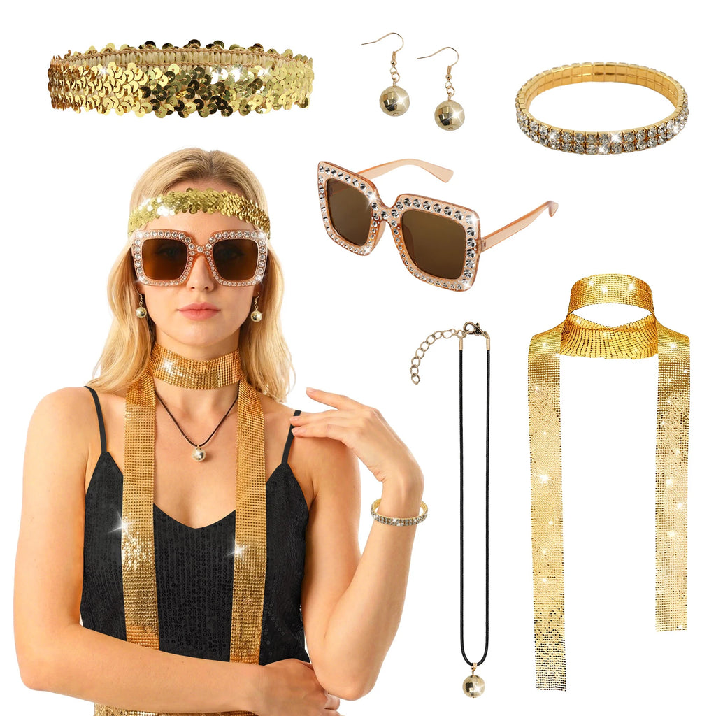 A clear product view presents a women's gold disco costume accessories with sunglasses and jewelry, with the coordinated sunglasses, headband, scarf and jewelry clearly visible.