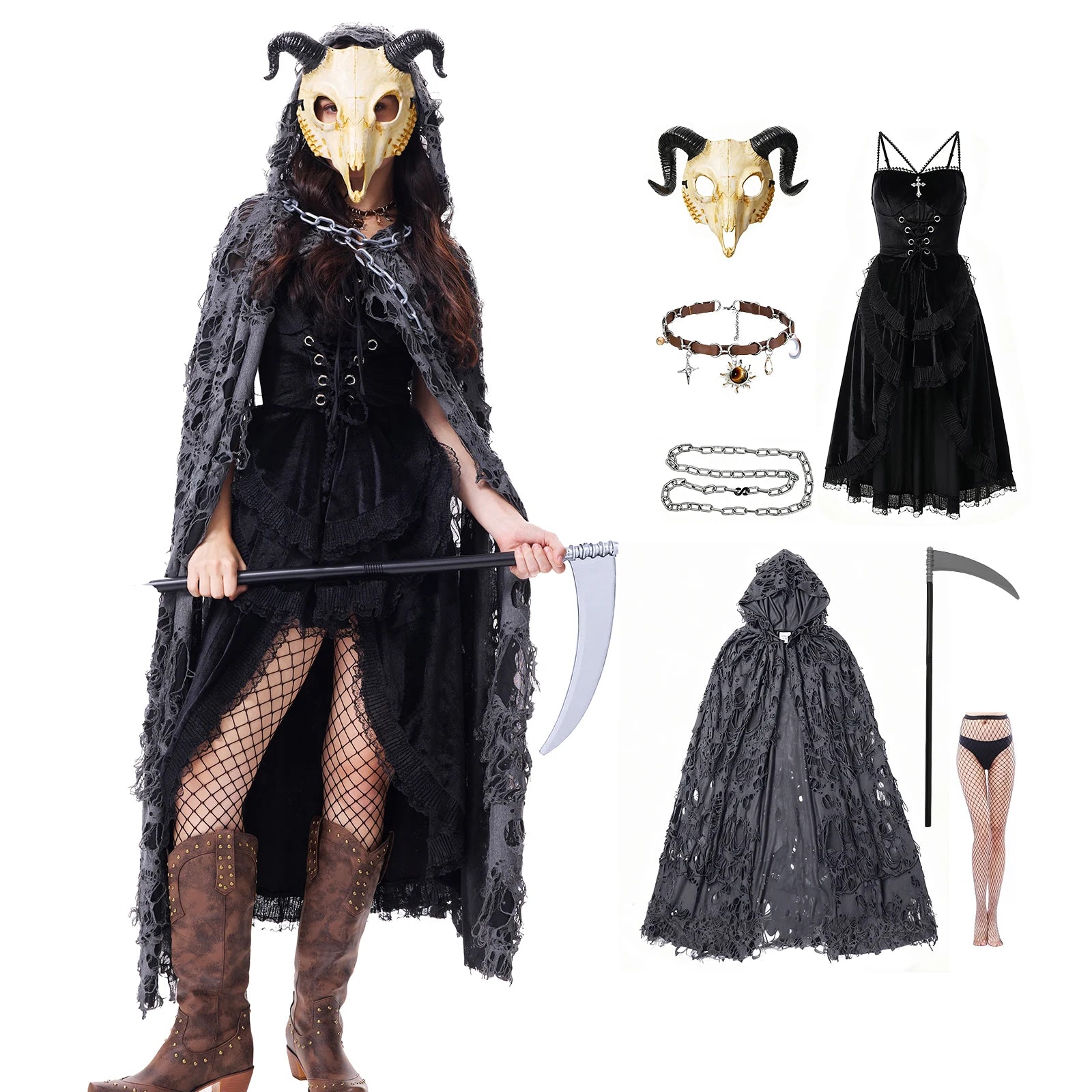 Women's gothic costume 7-piece black set with hooded cape, horned mask and scythe prop