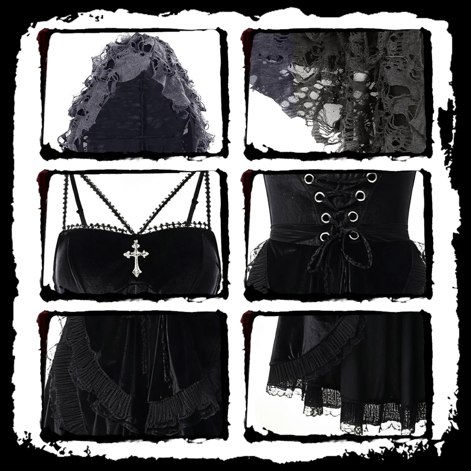 Women's black gothic costume dress showing lace-up waist, layered ruffles and lace trim