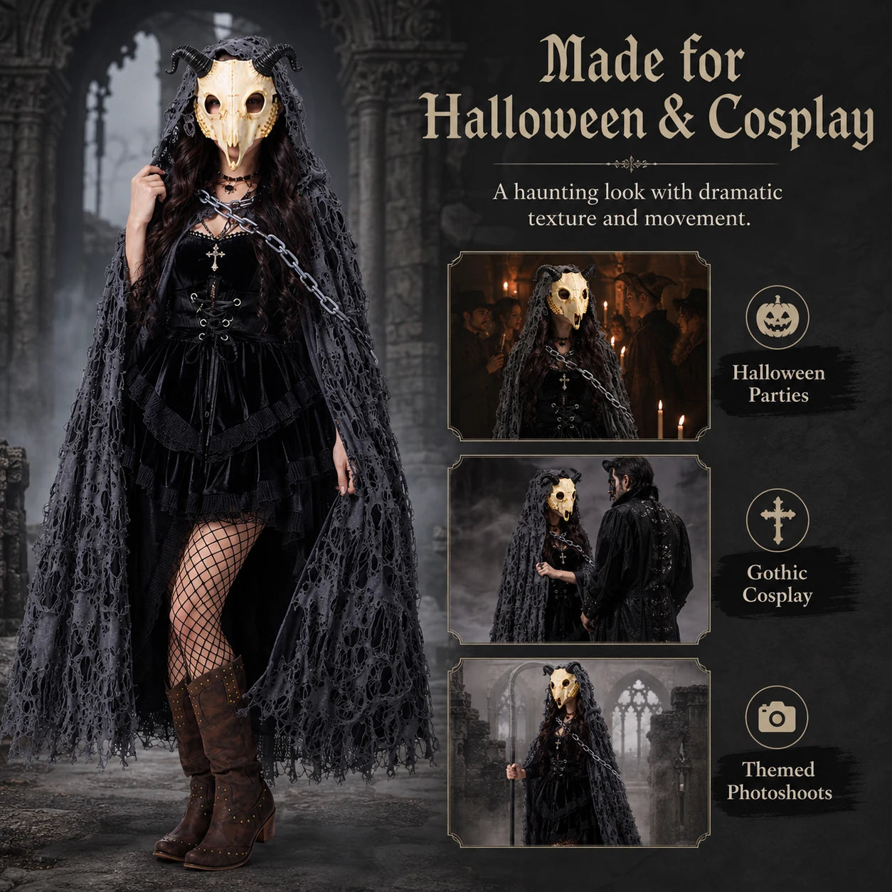 Women's gothic costume with horned mask and distressed hooded cape for Halloween cosplay