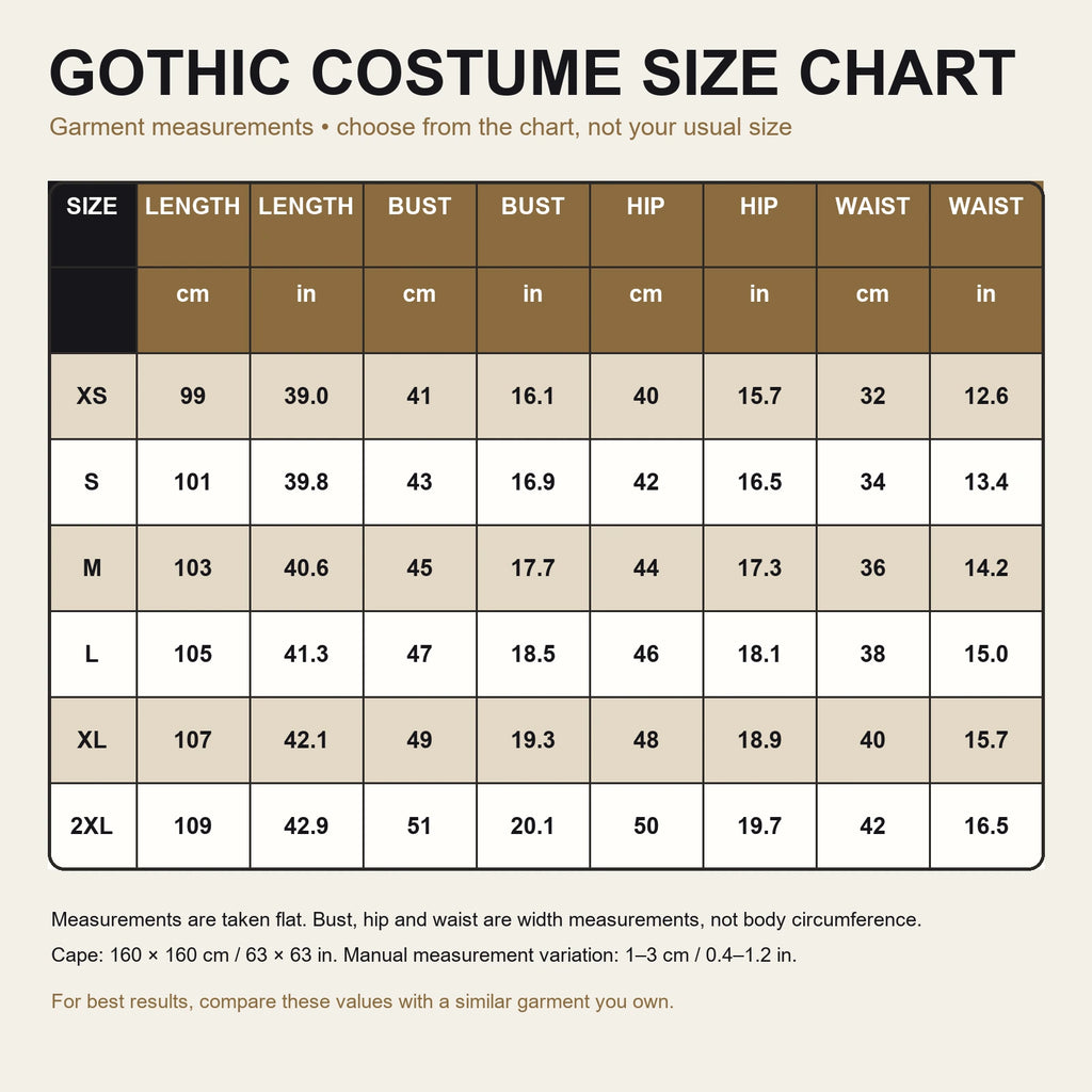 Women's gothic costume flat garment size chart for XS through 2XL in centimeters and inches
