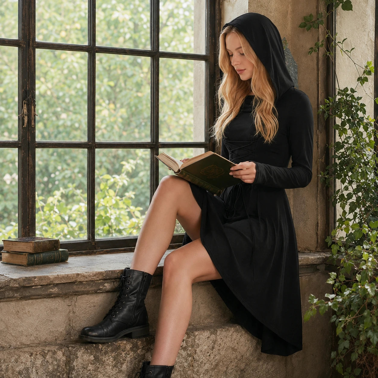 Woman in a black Gothic hooded dress reading beside a sunlit vintage window