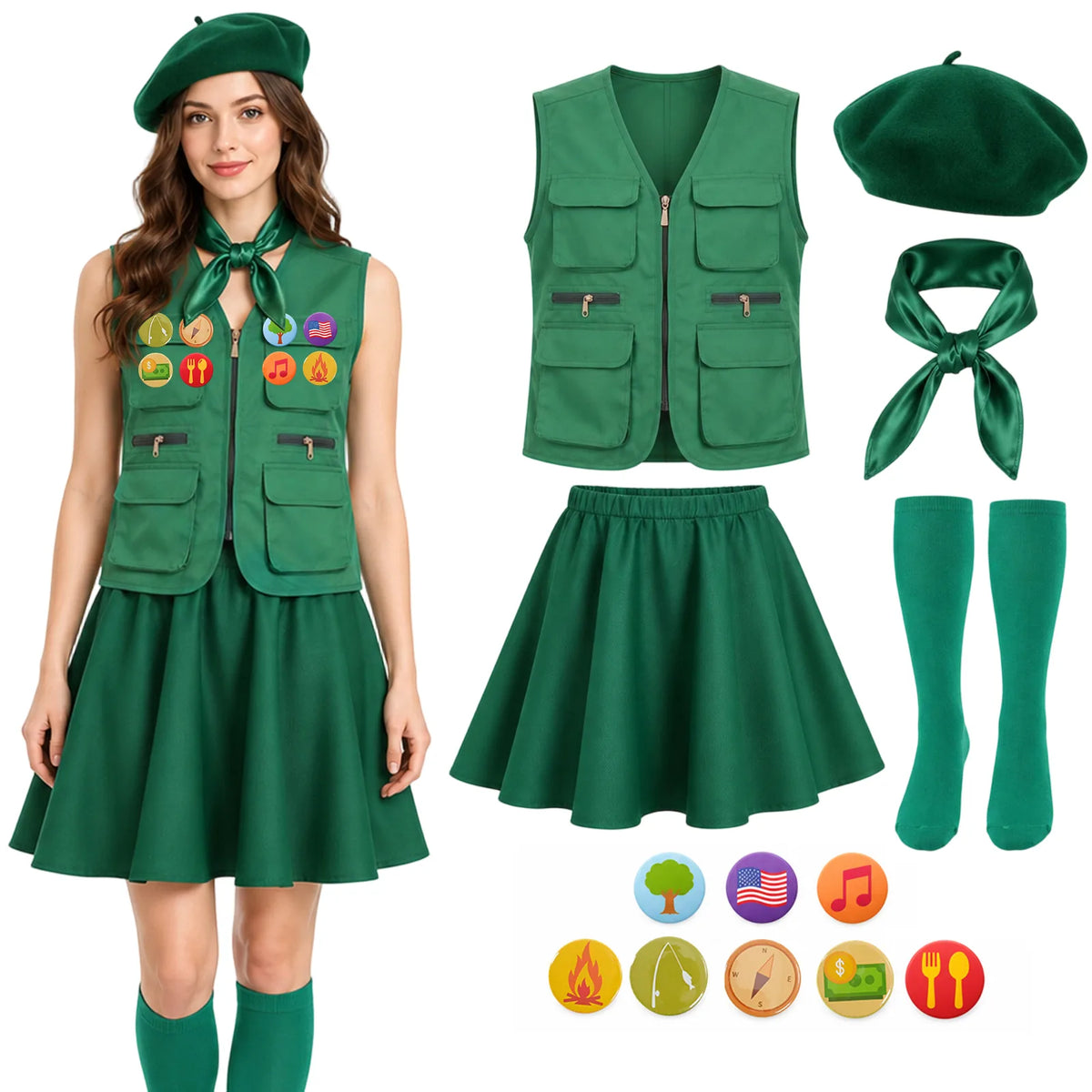 Women's green scout costume front view with beret and neckerchief