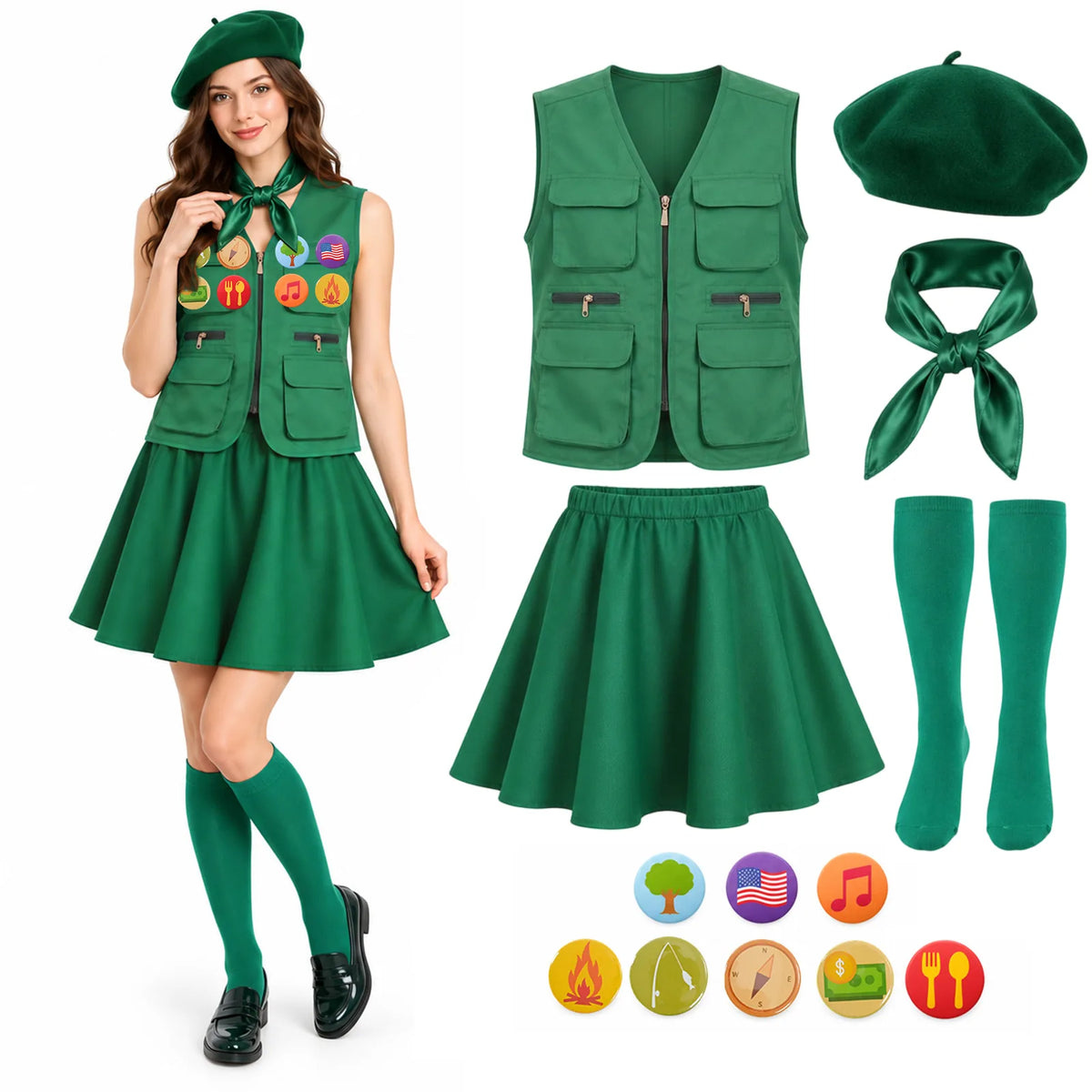 Women's green scout costume alternate outfit view with coordinated accessories