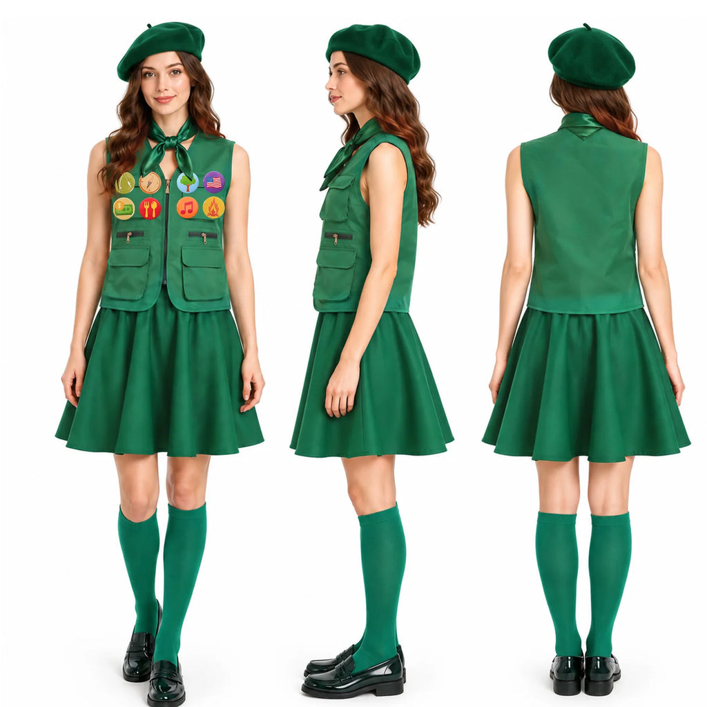Women's green scout costume back view showing vest and pleated skirt