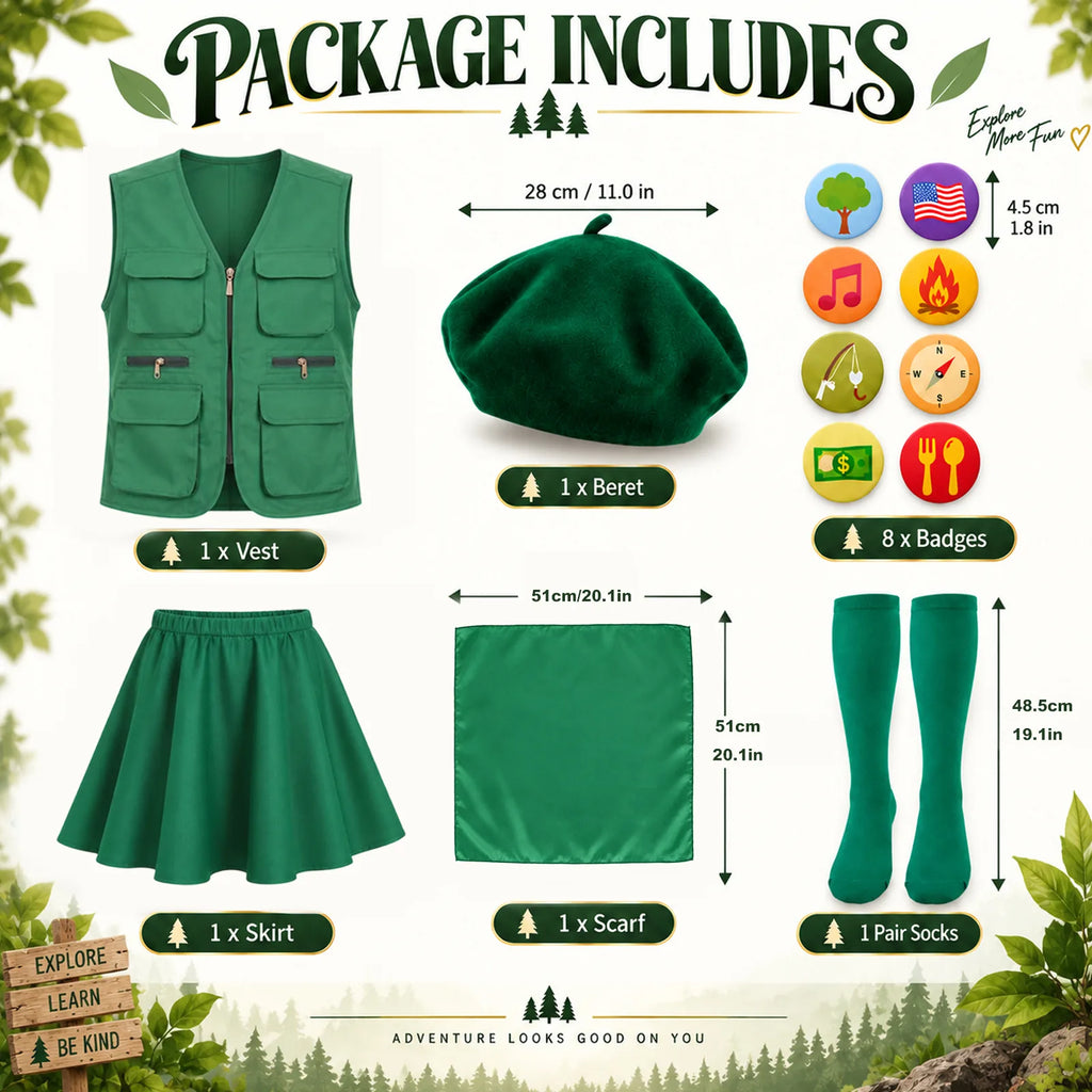 Green scout costume set contents with vest, skirt and accessories