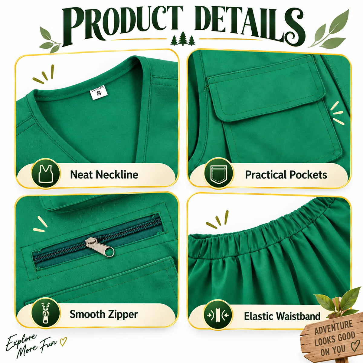 Women's green scout costume details with badges, neckerchief and beret