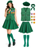Women's green scout costume set with vest, skirt, beret and badges