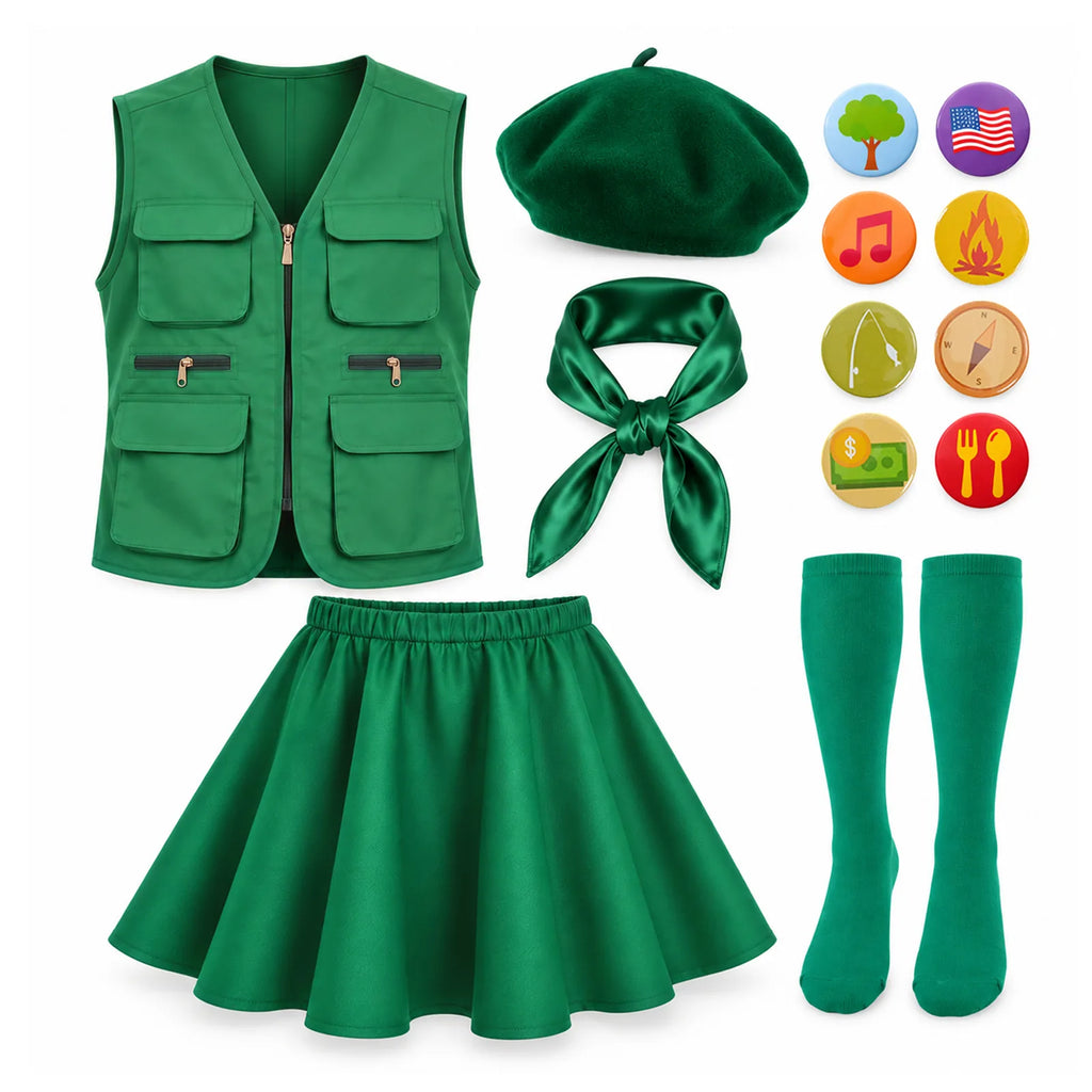 Women's green scout costume side view with pleated skirt and socks
