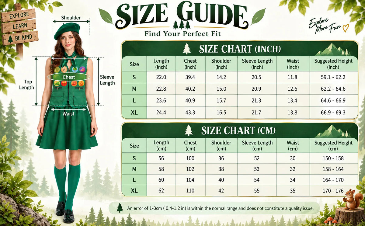 Women's green scout costume size chart for sizes S through XL