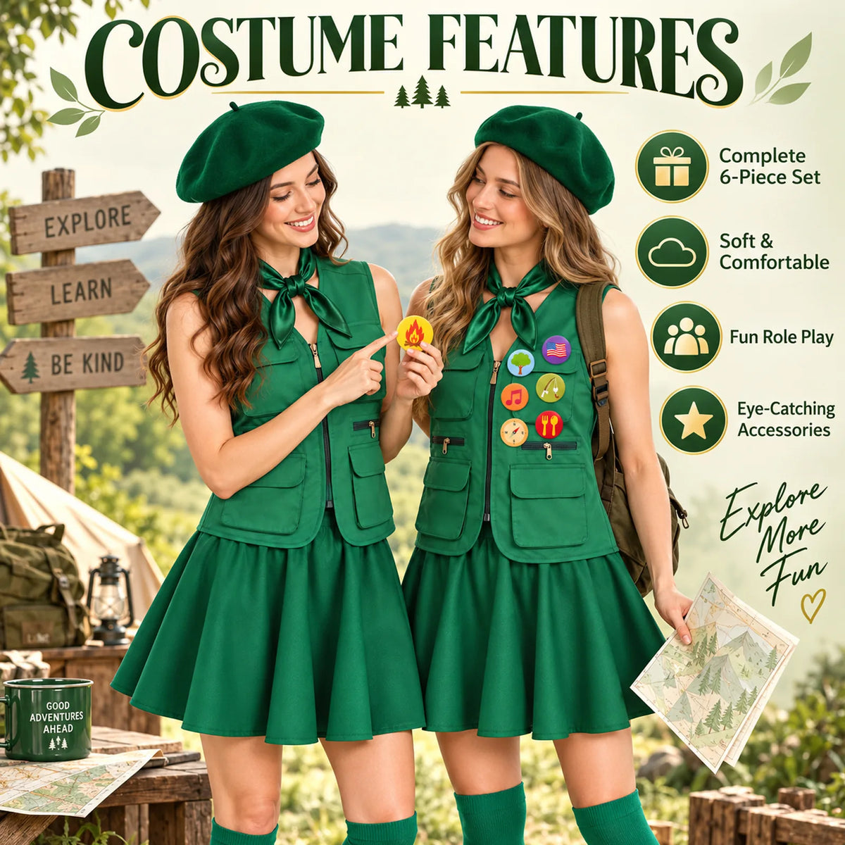 Women's green scout costume styled in an outdoor event scene