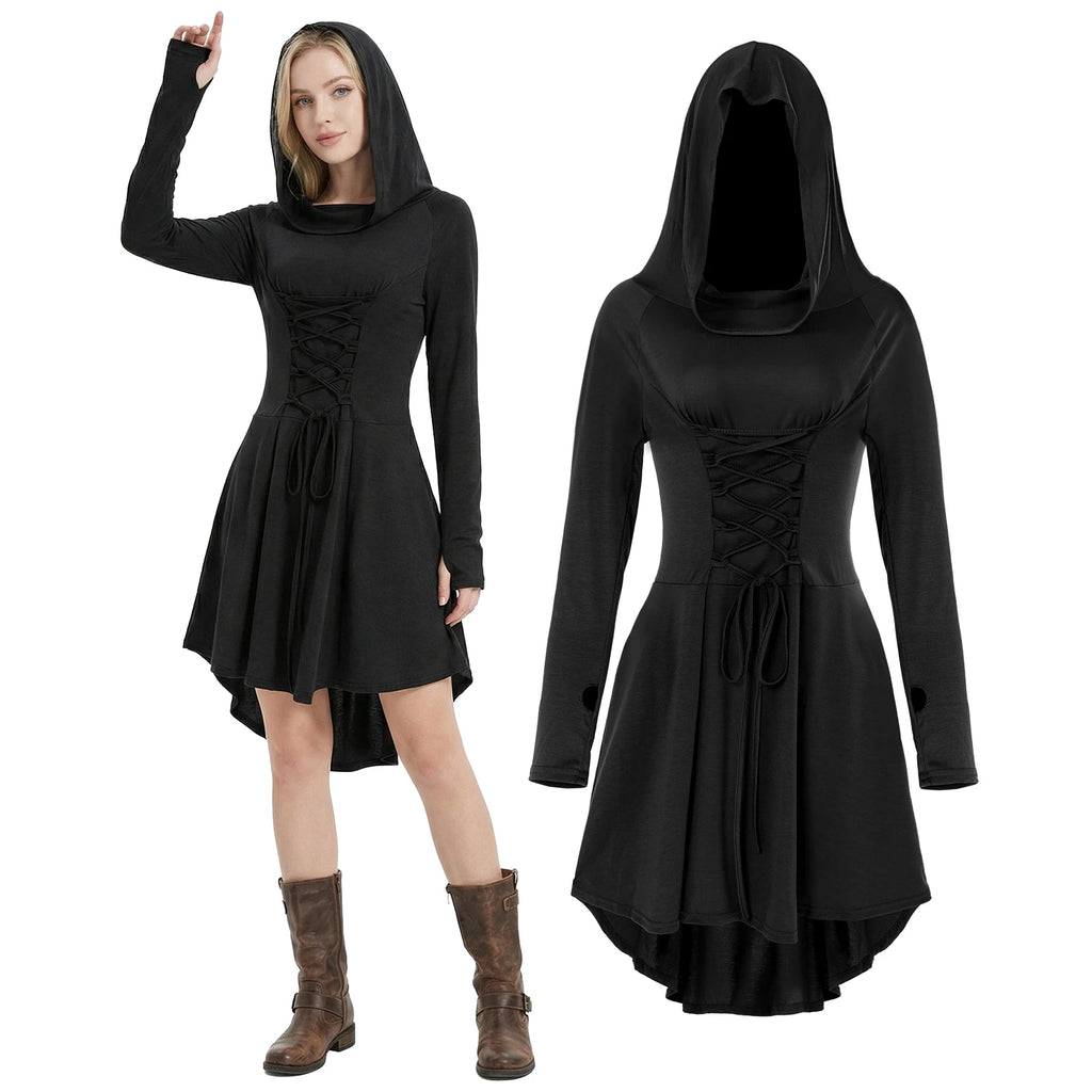 Woman wearing a black hooded Renaissance dress with lace-up front and high-low hem