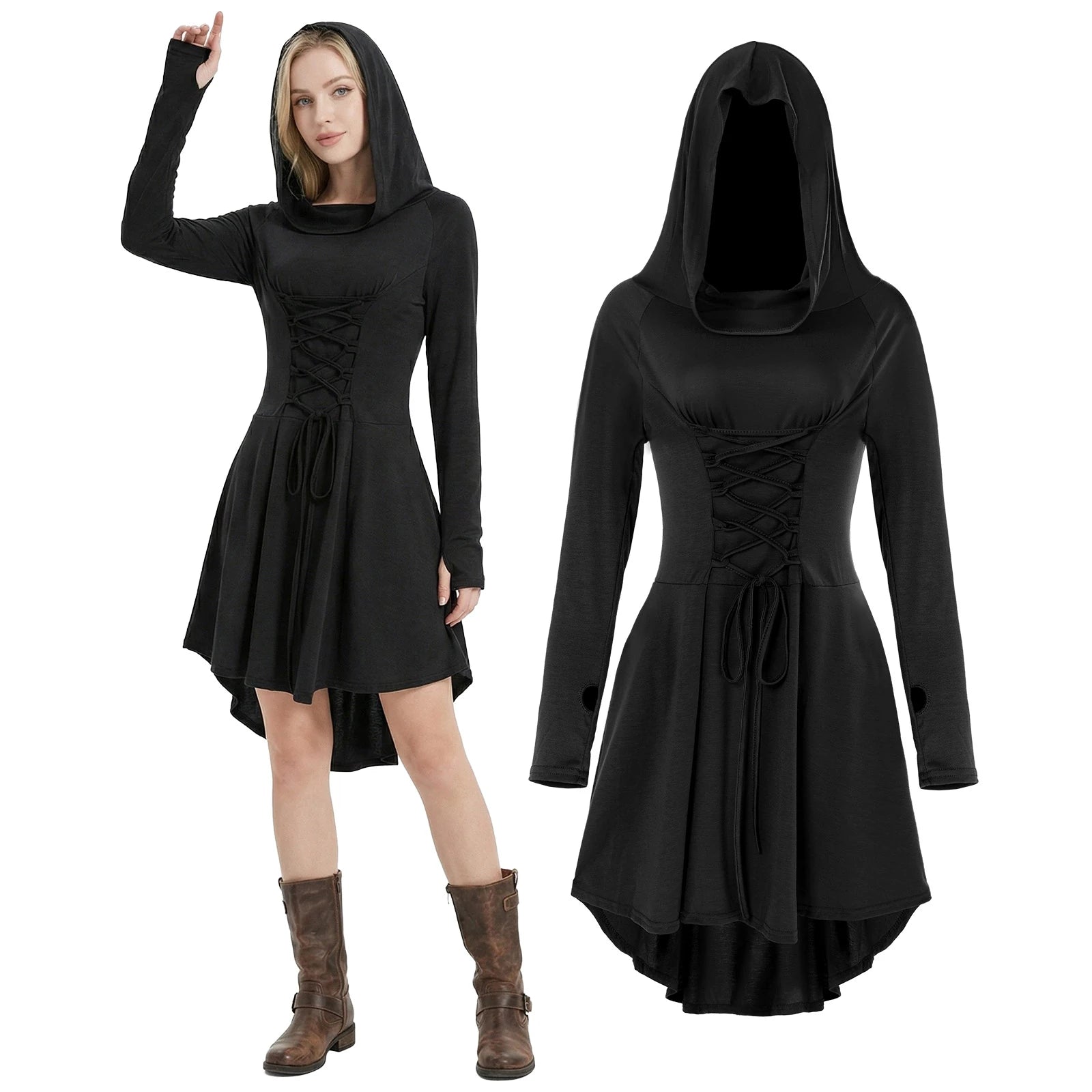Woman wearing a black hooded Renaissance dress with lace-up front and high-low hem
