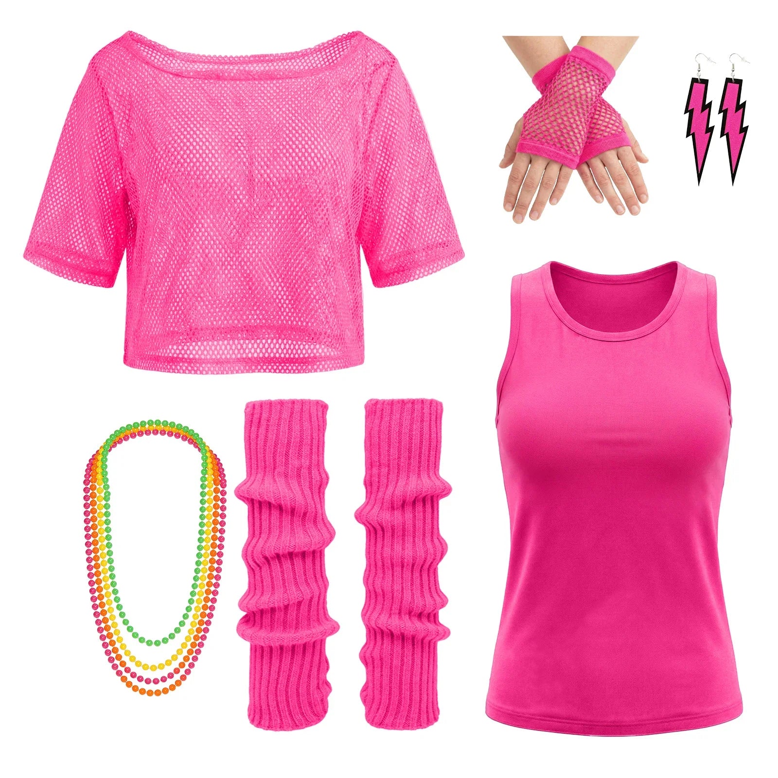 Women's hot pink 80s mesh shirt nine-piece costume set with tank top, gloves, leg warmers, earrings and necklace.