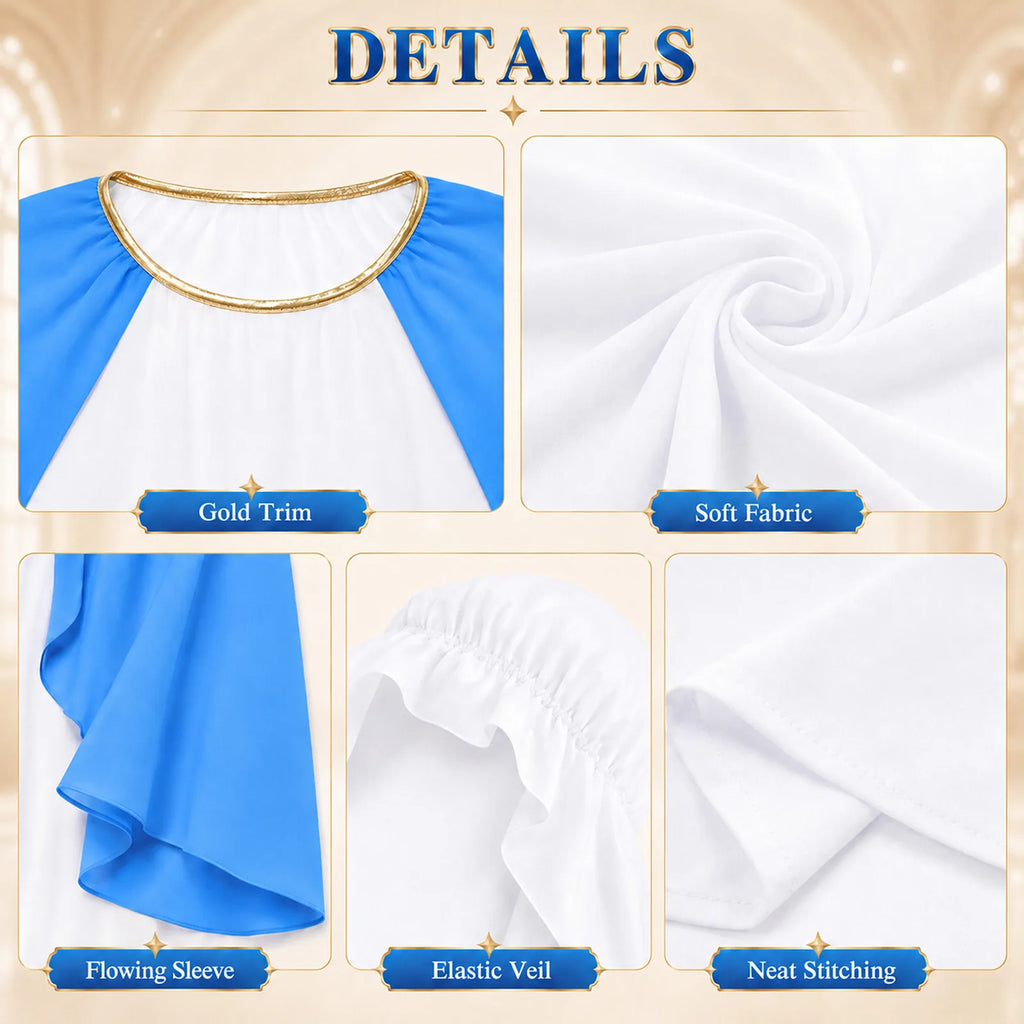 Close-up details of the medieval lady costume's gold trim, flowing sleeves, elastic veil and white fabric.