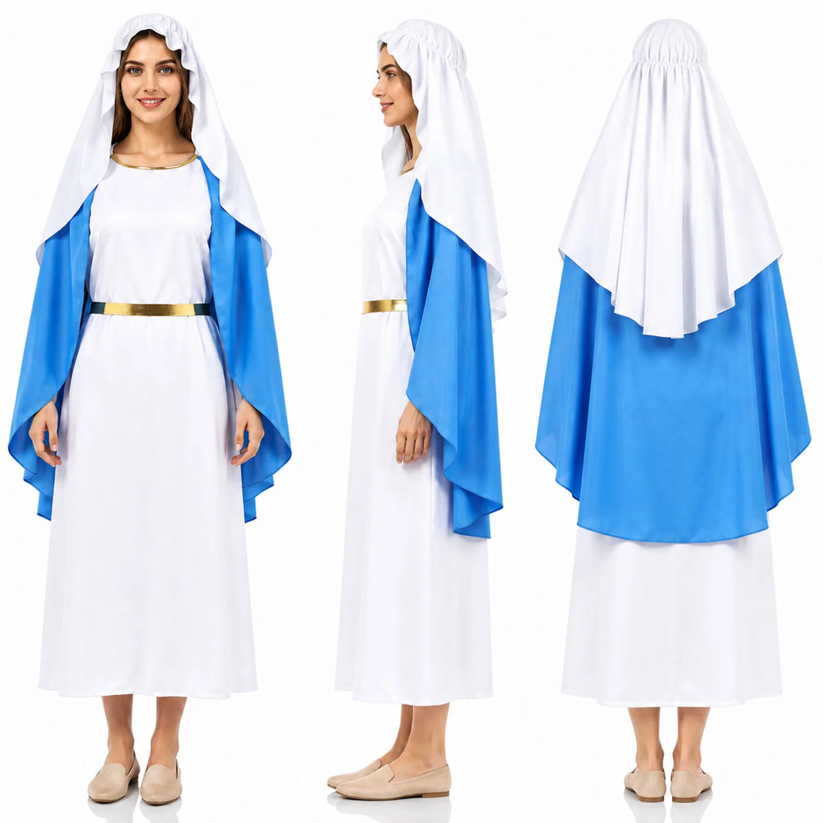 Women's blue and white medieval lady costume shown from the front, side and back.