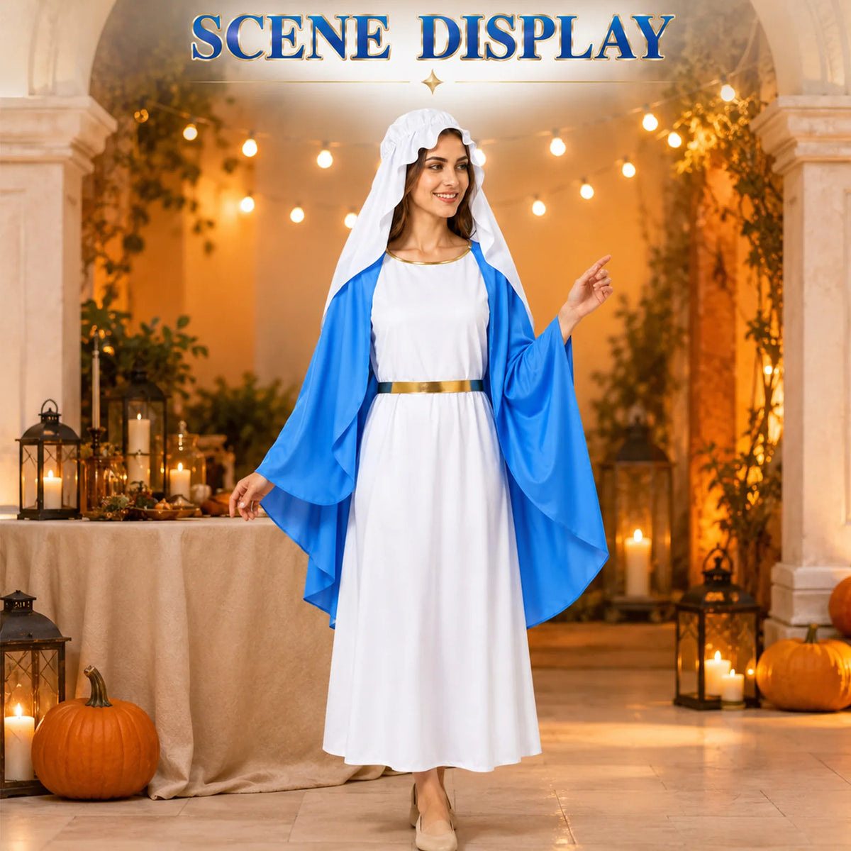Woman wearing the blue and white medieval lady costume in a warmly lit Halloween setting.