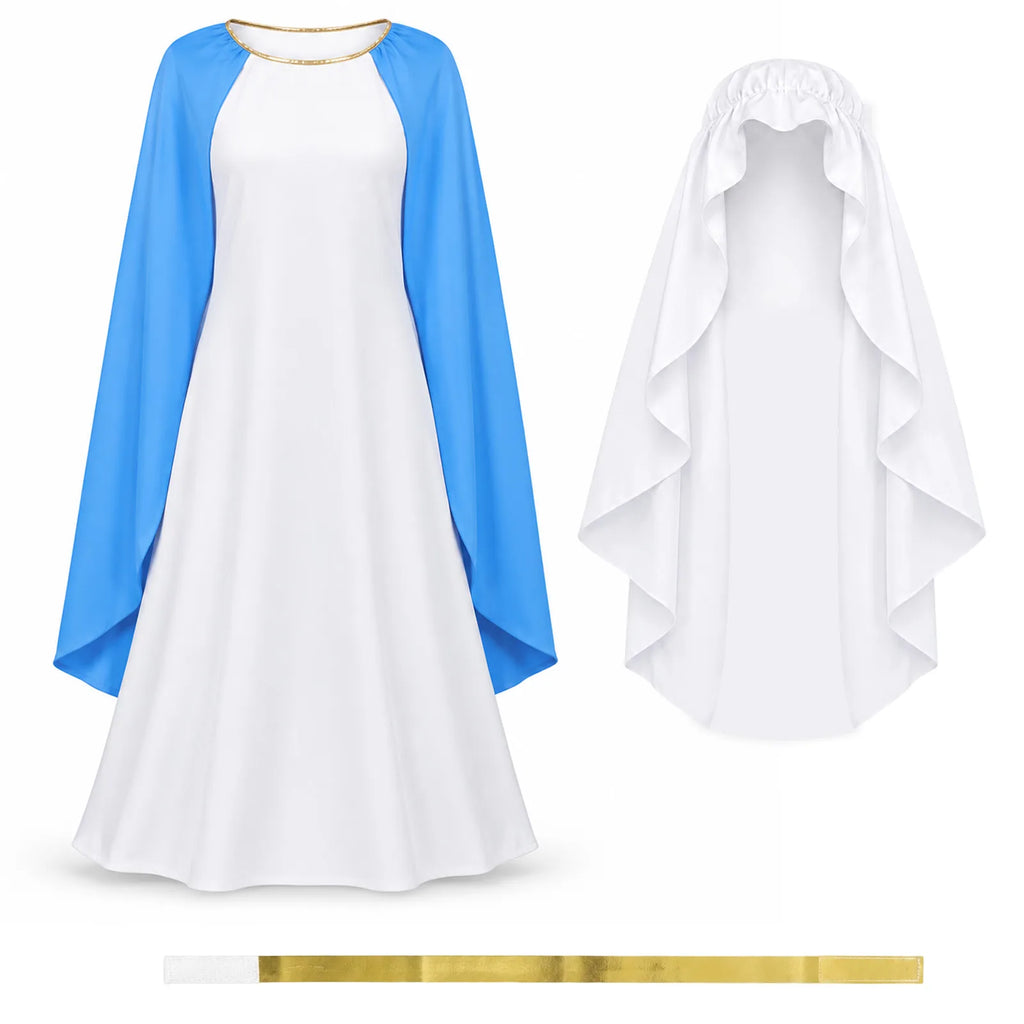 Women's medieval lady costume pieces arranged with the blue-and-white dress, veil and gold belt.