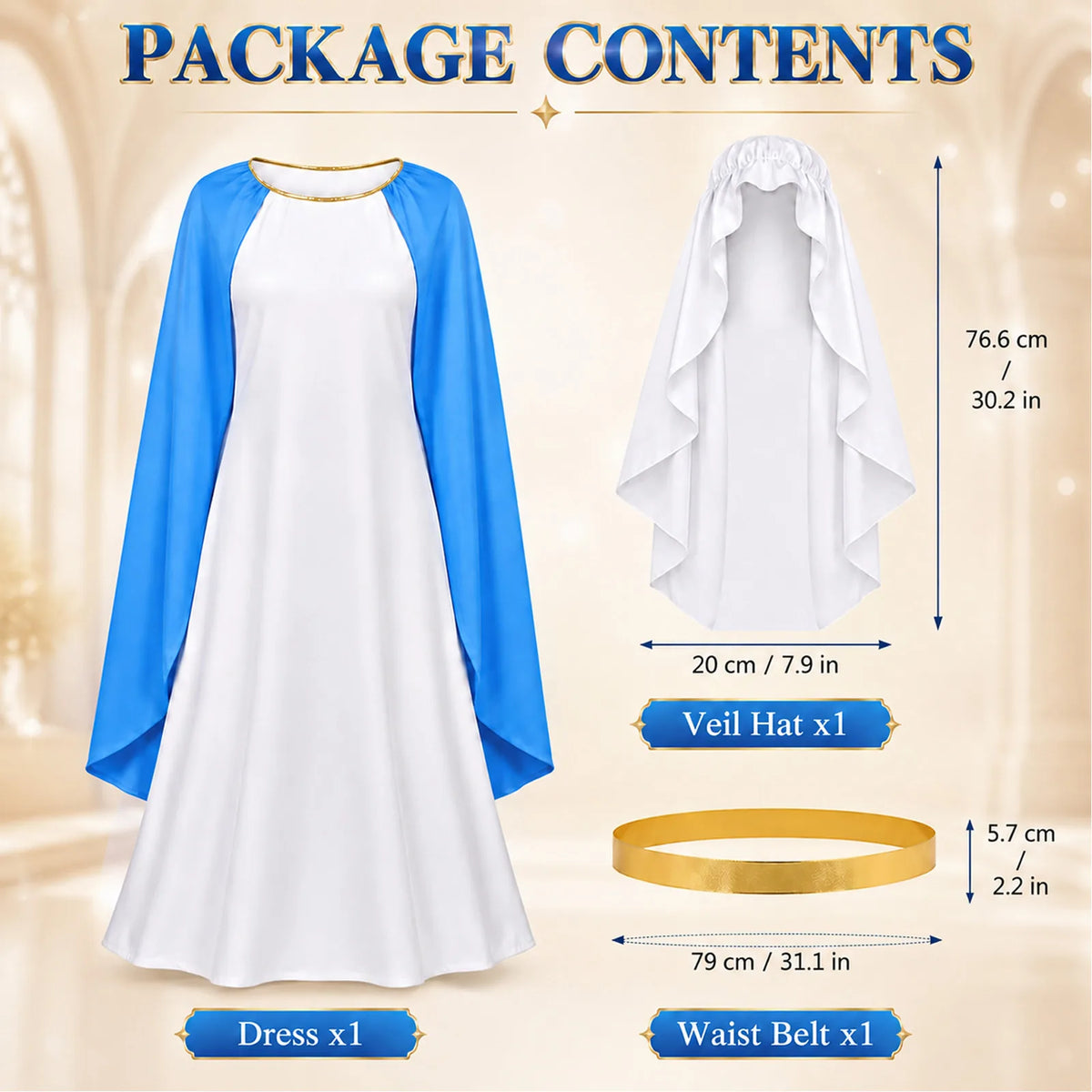Included blue and white dress, veil and gold belt with accessory measurements.