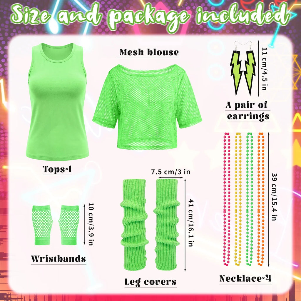 Nine-piece neon green 80s costume set with accessory measurements and included items.