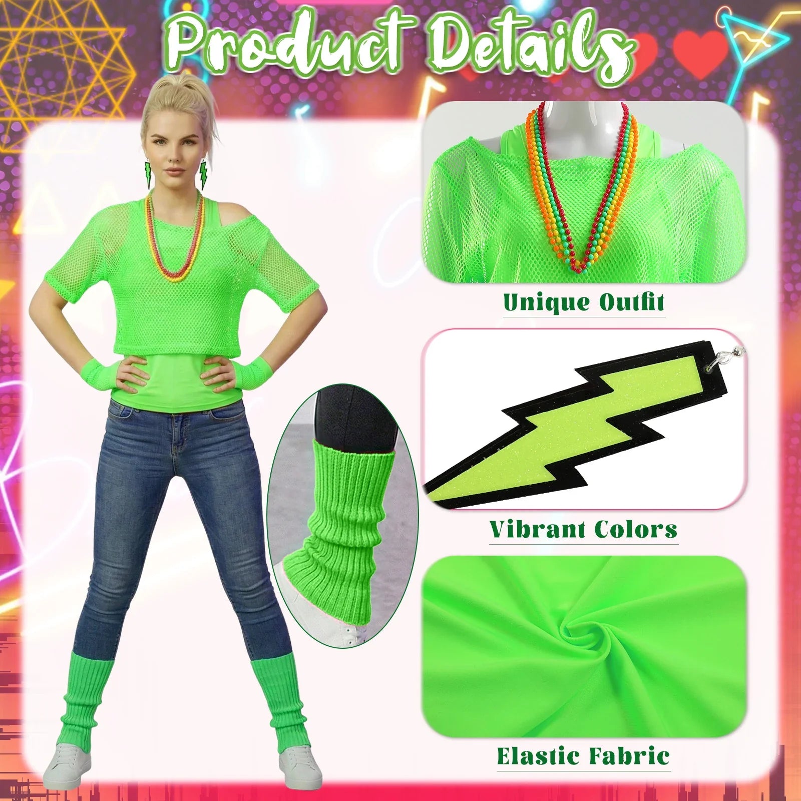 Detail closeups of the neon green mesh shirt, tank top and colorful 80s accessories.