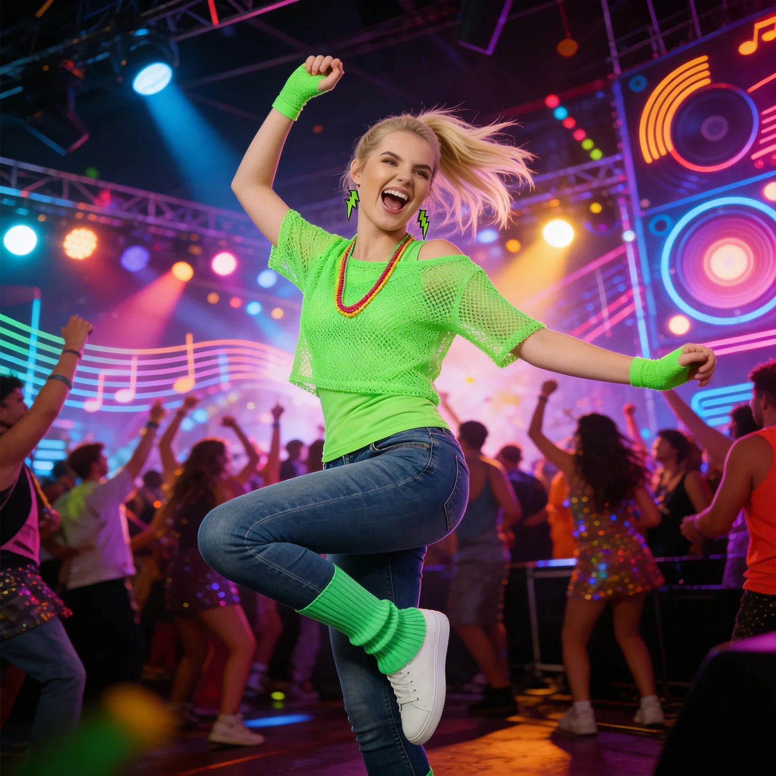Neon green 80s mesh shirt costume styled for a retro dance party.