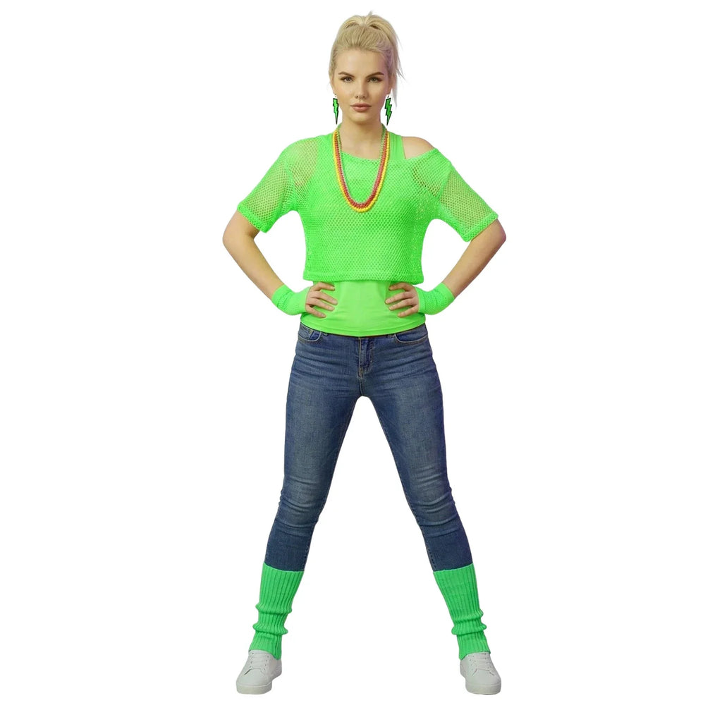 Front worn view of the neon green 80s mesh blouse layered over the matching tank top.
