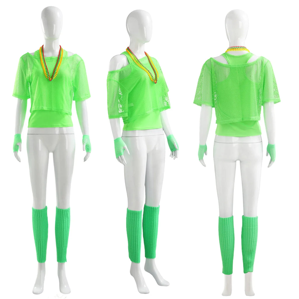 Multi-angle mannequin views of the neon green mesh blouse and tank top.