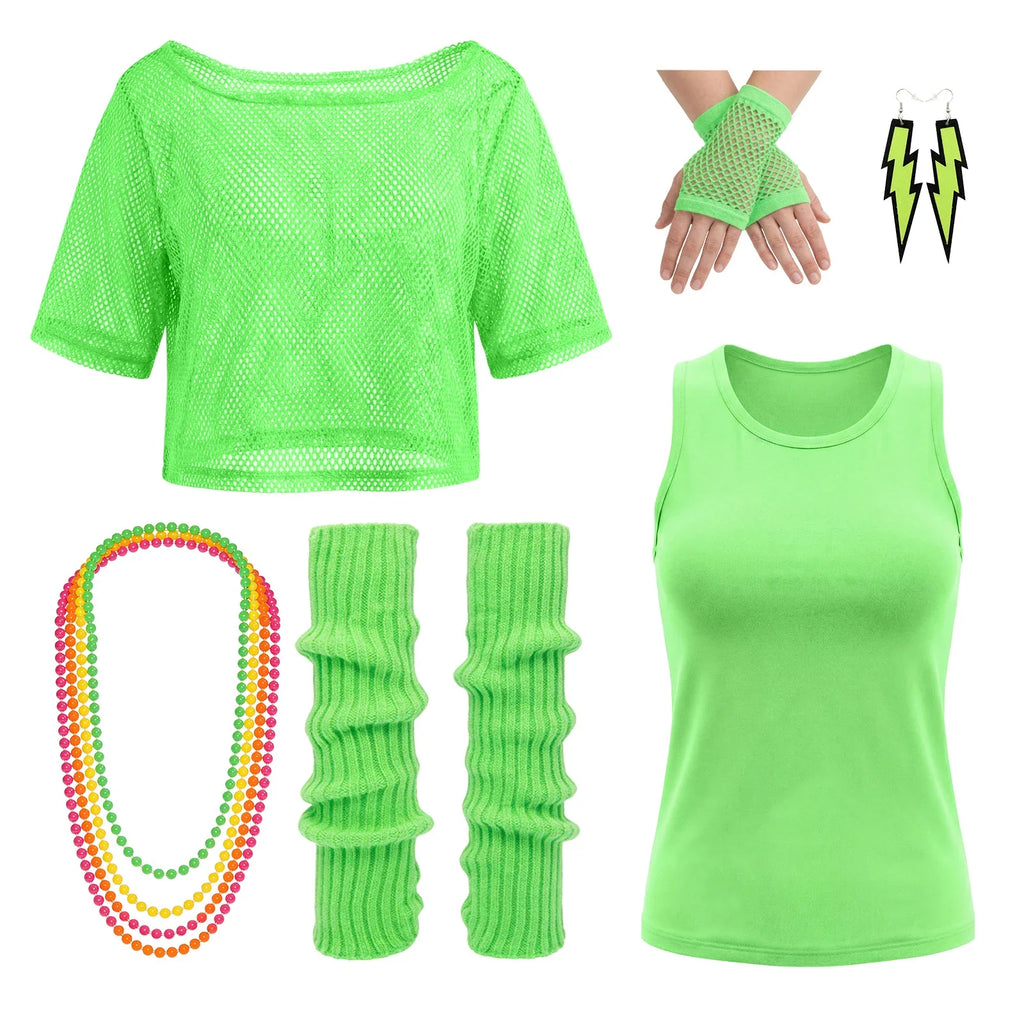 Women's neon green 80s mesh shirt nine-piece costume set with tank top, gloves, leg warmers, earrings and necklace.