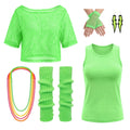 Women's neon green 80s mesh shirt nine-piece costume set with tank top, gloves, leg warmers, earrings and necklace.
