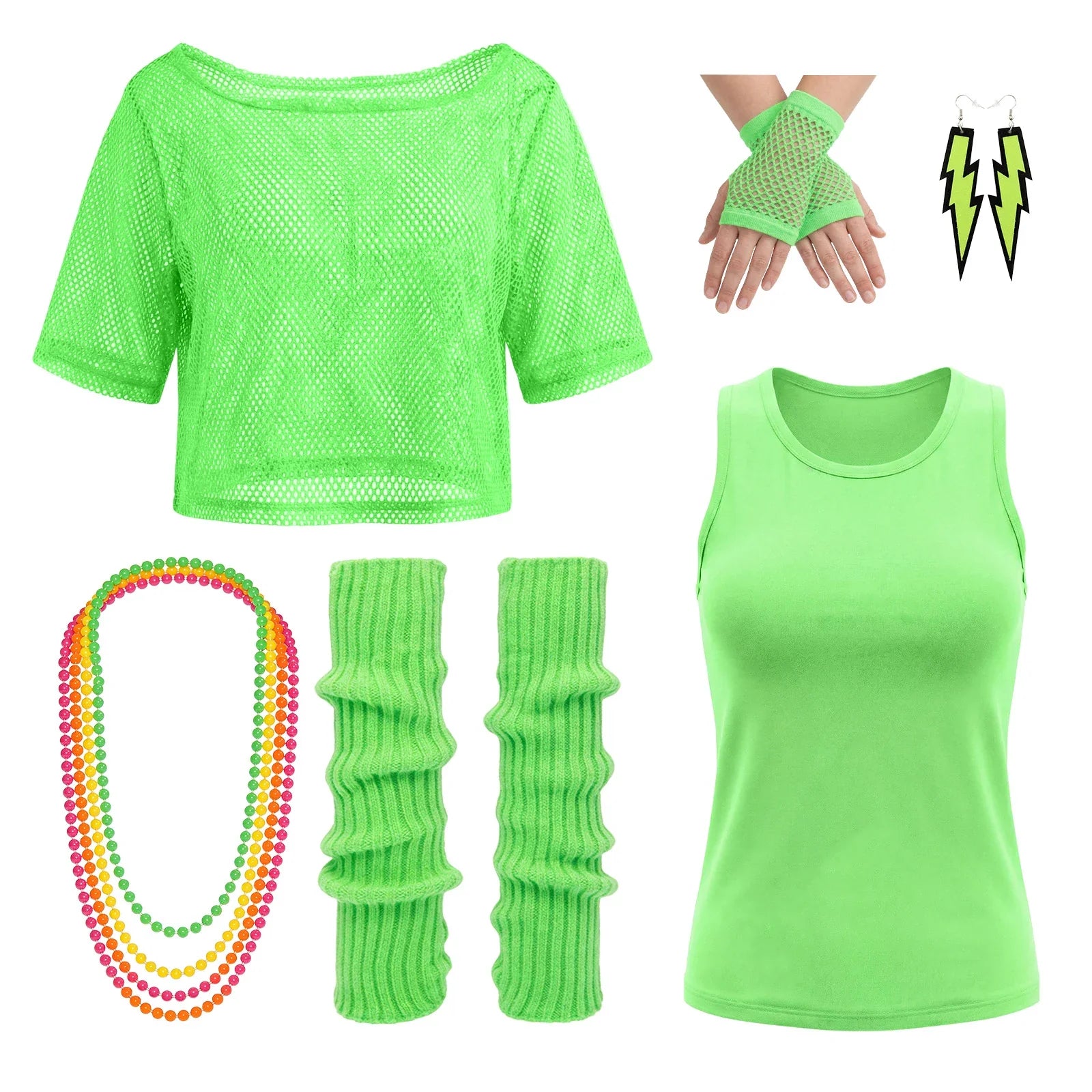 Women's neon green 80s mesh shirt nine-piece costume set with tank top, gloves, leg warmers, earrings and necklace.