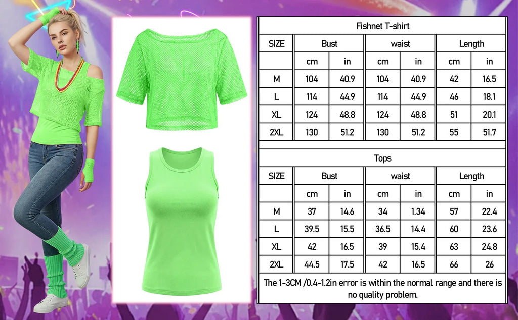 Size measurements for the neon green 80s mesh blouse and tank top in sizes M through 2XL.