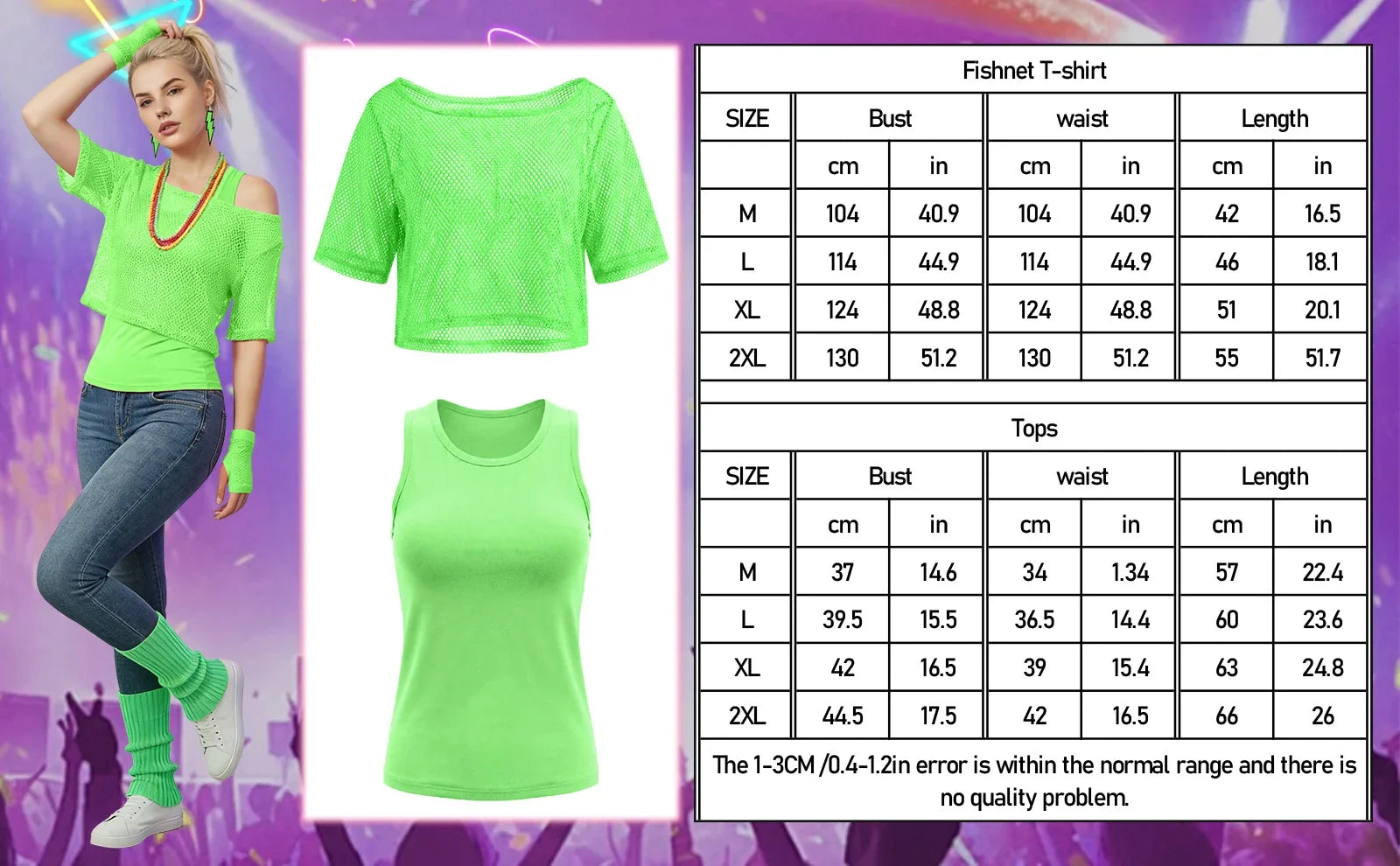 Size measurements for the neon green 80s mesh blouse and tank top in sizes M through 2XL.