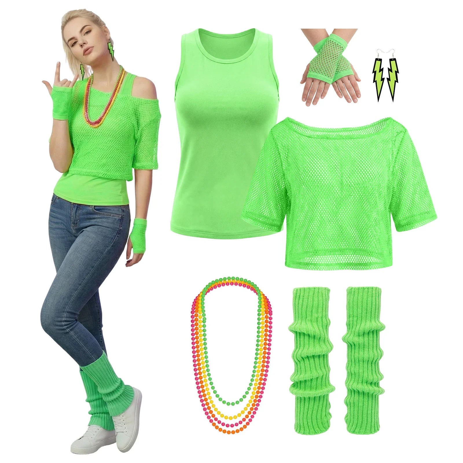 Styled worn view of the neon green 80s mesh shirt costume with colorful retro accessories.