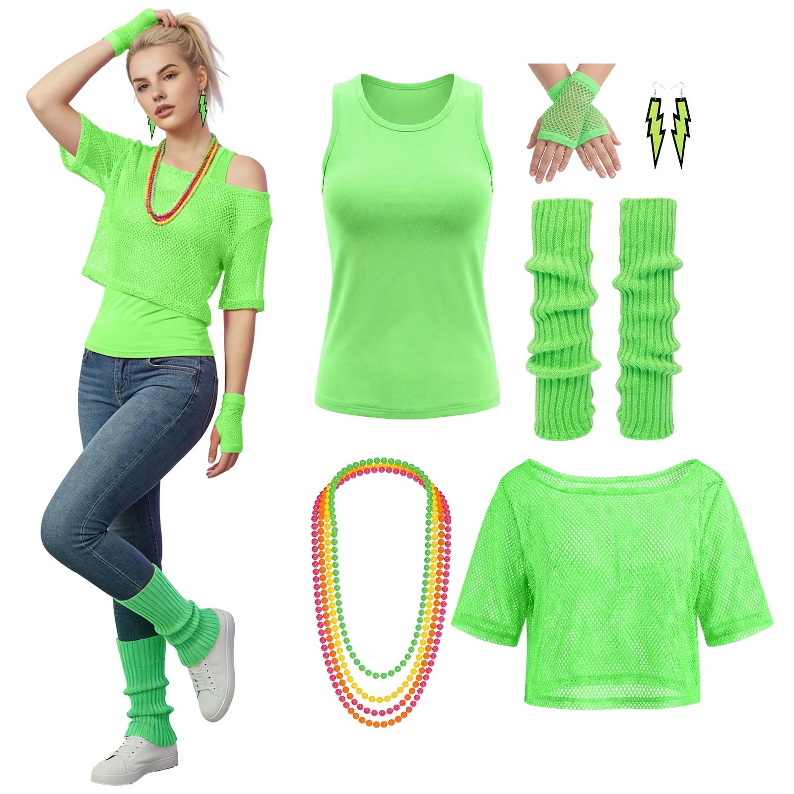 Woman wearing the neon green 80s mesh shirt costume beside the nine included pieces.