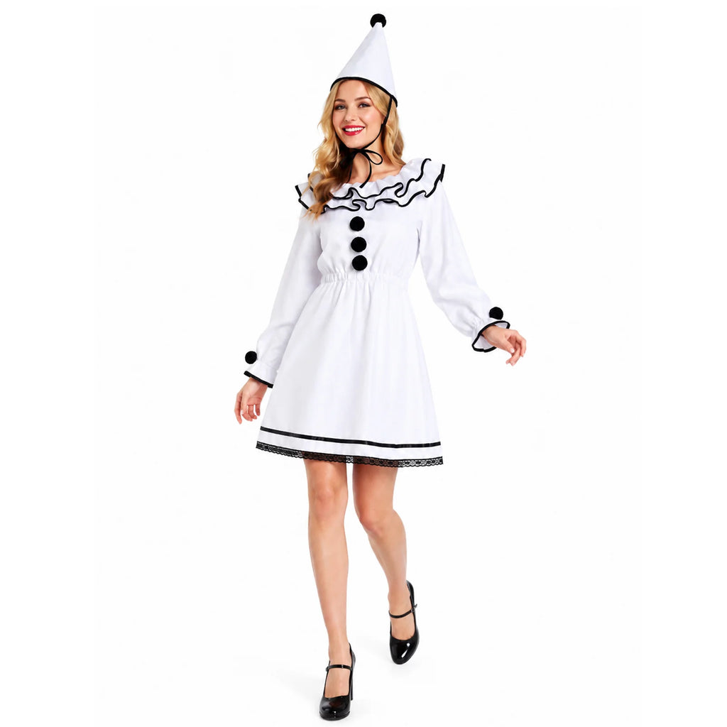 Front and angled view of the women's Pierrot clown dress