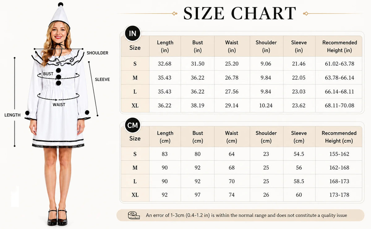 Size chart for women's Pierrot clown dress in sizes S to XL
