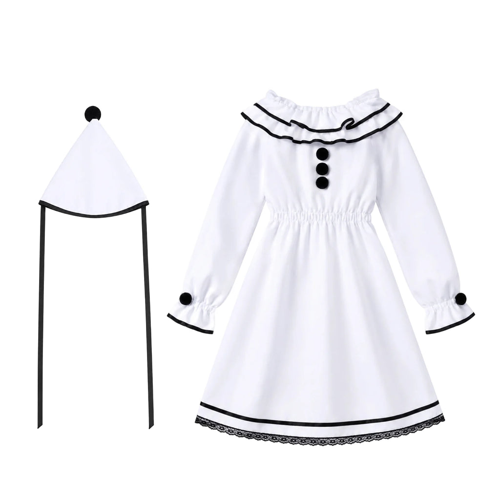 Side view of the women's ruffled Pierrot costume dress