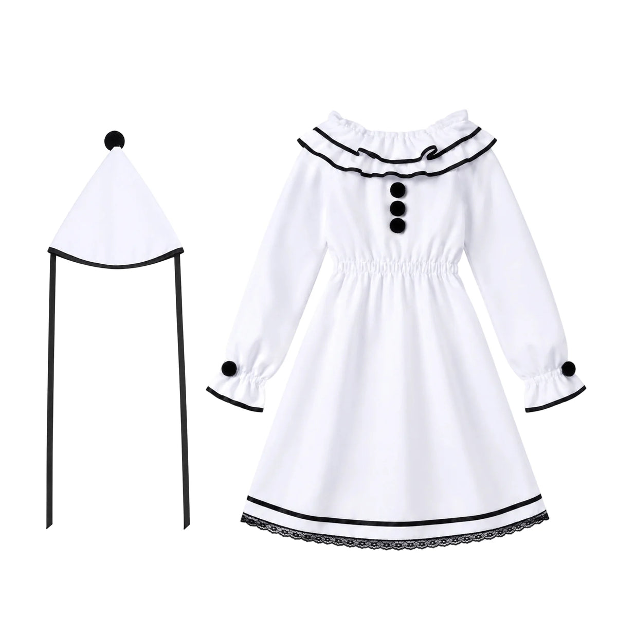 Side view of the women's ruffled Pierrot costume dress