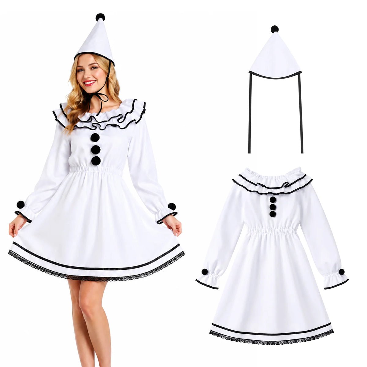 Women's Pierrot costume shown as a white dress and hat set